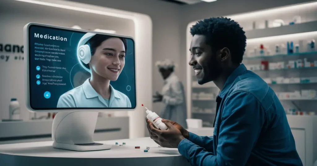 A 2024 pharmacy patient receives personalized medication guidance from a helpful AI assistant on a screen. (AI in Pharmacy)
