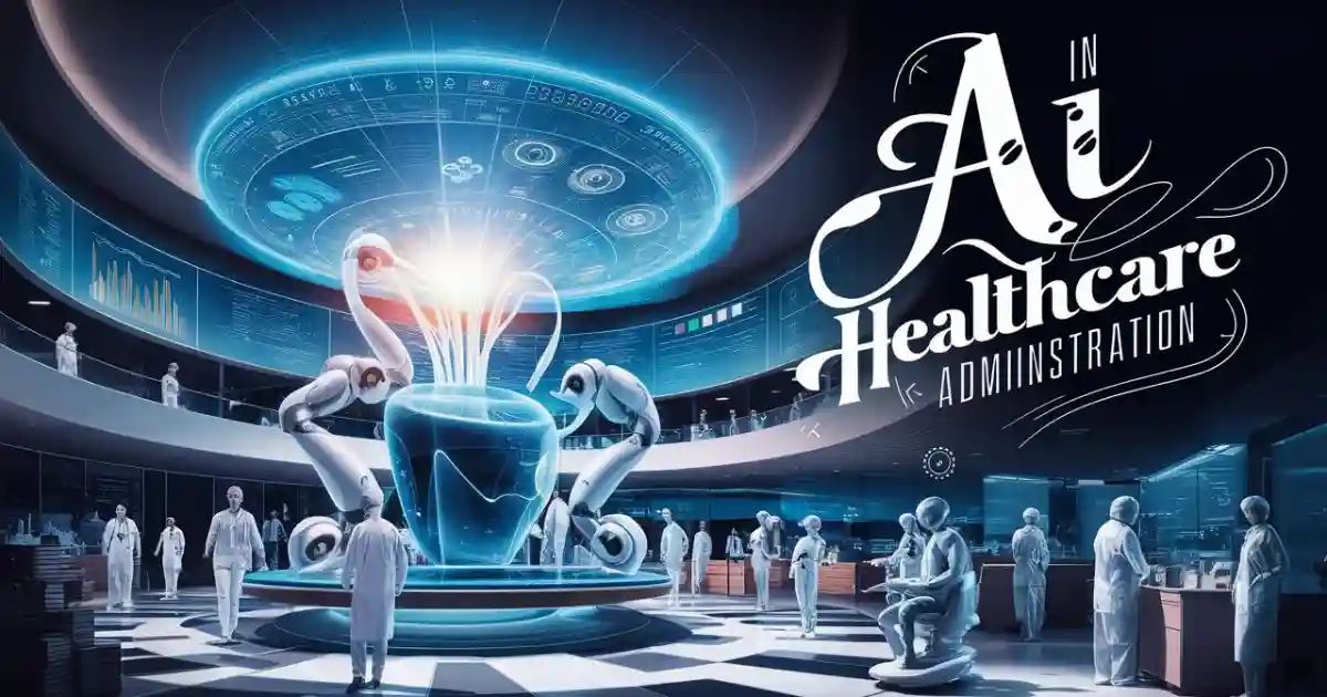 Illustration of AI 's role in healthcare administration, showcasing the integration of technology and healthcare for improved efficiency and patient care.