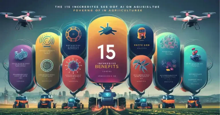 A futuristic infographic illustrating the 15 incredible benefits of AI in agriculture, each benefit represented by a unique icon or symbol.