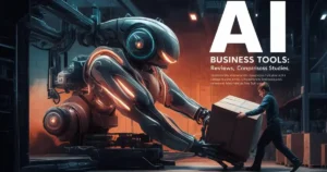 A poster featuring a robot working alongside a human employee in a warehouse, showcasing collaboration between humans and artificial intelligence. The poster features large text: “AI Business Tools: Reviews, Comparisons, Case Studies”