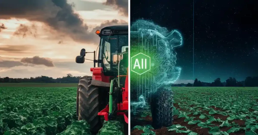 A split-screen image contrasting conventional farming practices with AI-driven agricultural approaches, emphasizing the advancements enabled by AI.
