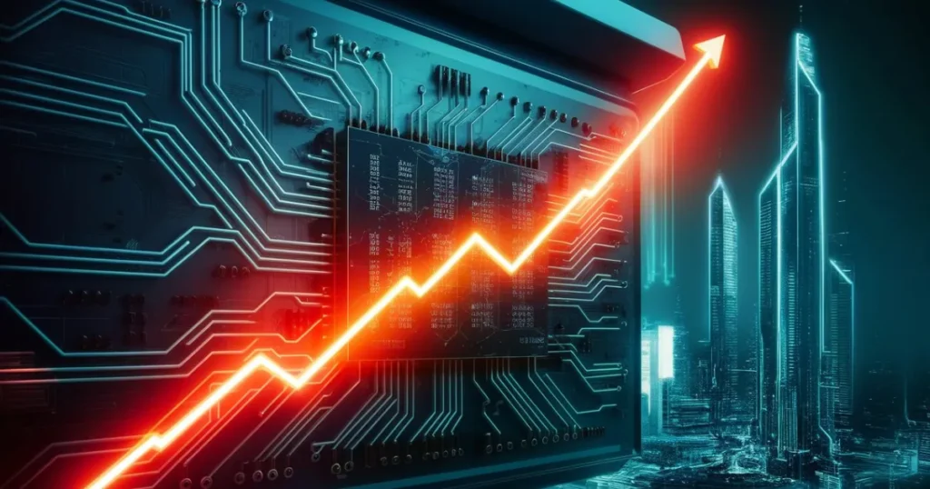 A circuit board with glowing lines representing AI's role in financial data analysis.
