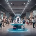 AI in Retail Business: A futuristic vision of the retail landscape, where artificial intelligence seamlessly integrates into operations, enhancing the customer experience and driving efficiency for boosted sales and satisfaction.