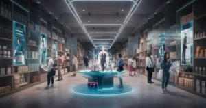 AI in Retail Business: A futuristic vision of the retail landscape, where artificial intelligence seamlessly integrates into operations, enhancing the customer experience and driving efficiency for boosted sales and satisfaction.