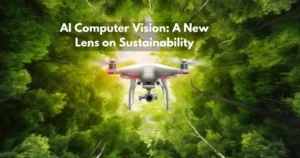 AI computer vision equipped drone capturing environmental data of a forest.