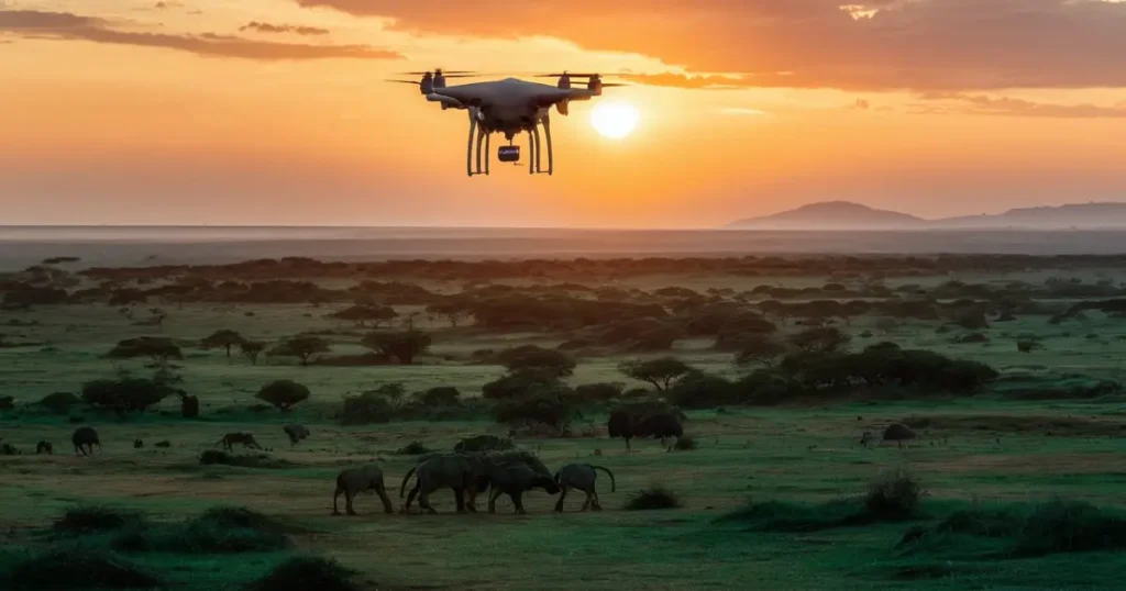 AI computer vision equipped drone patrolling a wildlife preserve in Africa to combat poaching.