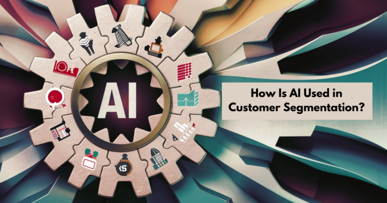 A stunning and creative poster design, with a large gear or cogwheel as the centerpiece. The gear consists of different puzzle pieces, each bearing unique markings to symbolize the customer segmentation process. One puzzle piece stands out, featuring a prominent "AI" symbol, emphasizing the role of artificial intelligence in the process. The background is elegant and modern, with a combination of contrasting colors that enhance the visual impact of the image. Large text appears to the right of the gear: “How to use AI-power in customer segmentation?