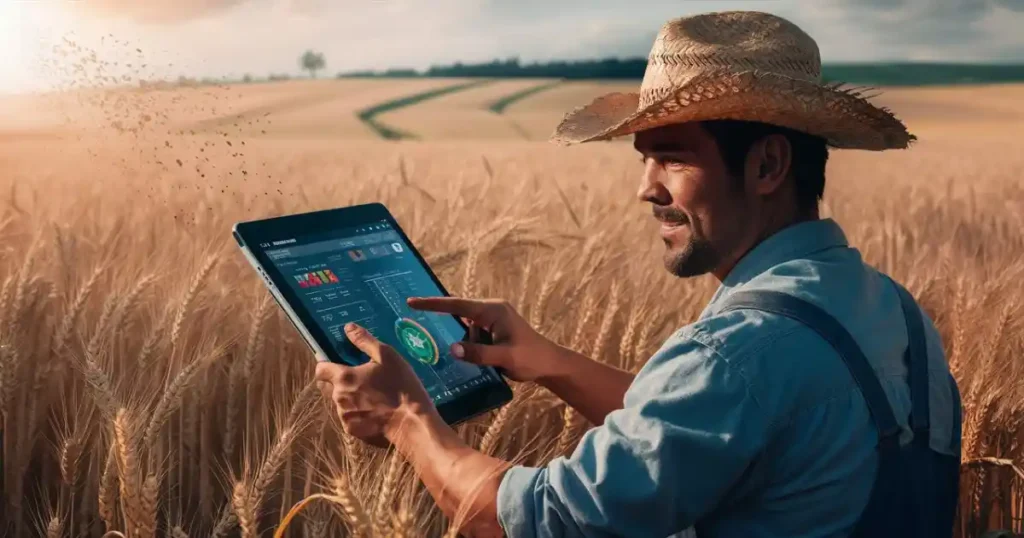 Farmer analyzing data on a tablet in a field, utilizing AI computer vision for sustainable agriculture practices.