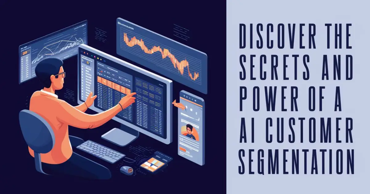 A business owner analyzes customer data on a computer screen. It is surrounded by data visualizations and customer profiles, highlighting the Power of AI Customer Segmentation.