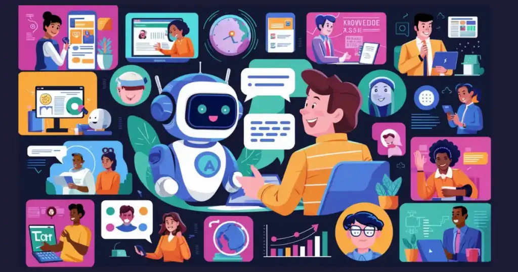 A vibrant illustration showcasing the power of AI customer service solutions, including chatbots, virtual assistants, and data-driven insights, to enhance customer satisfaction and revolutionize support experiences.
