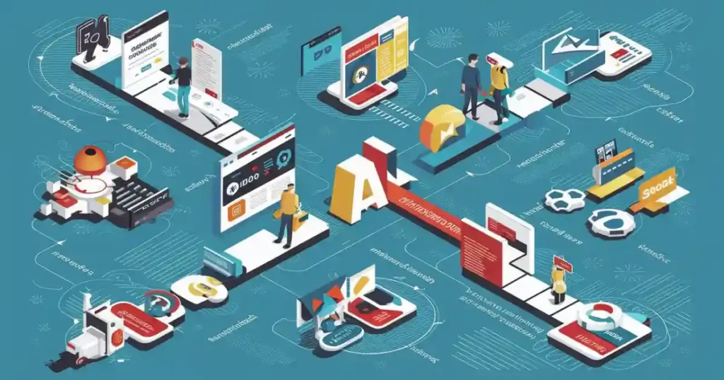 Illustration showing a customer journey with touchpoints like website visits, email marketing, and social media interactions. AI analyzes data at each stage to personalize the customer experience.