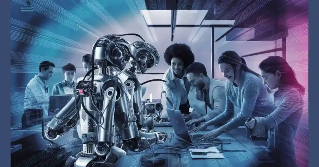 A stylized image depicting robots working alongside humans, representing the concept of human-machine collaboration.