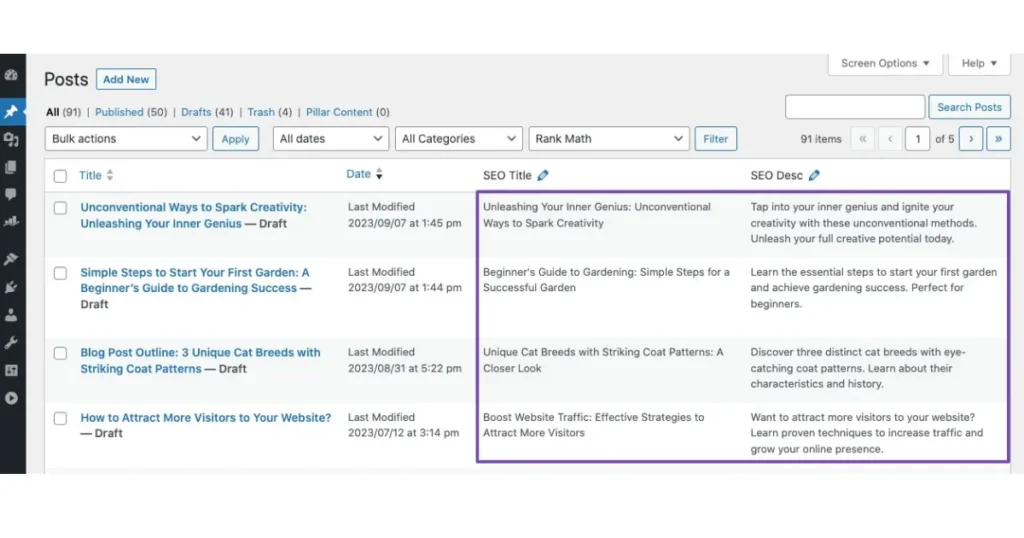 A screenshot of your WordPress dashboard showing a list of draft blog posts with their SEO titles and descriptions; revealing the magic of content AI 2.0