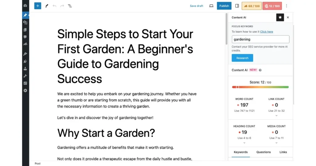 Screenshot of a WordPress editor with Content AI 2.0 on Rank Math SEO plugin showing a low-scoring blog post about starting a garden.