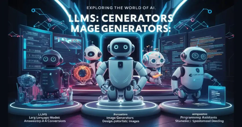 Exploring AI: LLMs, Image Generators, Coding Assistants? "Gemini Pro 1.5 AI MODEL.
 LLMs converse, Image Generators create art, Coding Assistants aid programming in a digital, interconnected backdrop.