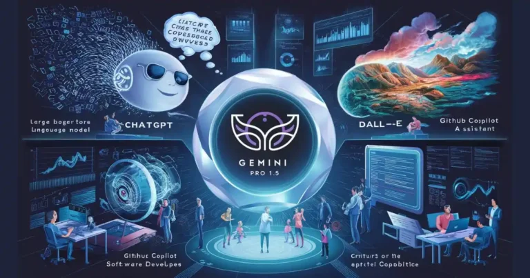 Futuristic poster: Gemini Pro 1.5 AI central, ChatGPT language, DALL-E images, GitHub Copilot coding, holographic business environment.