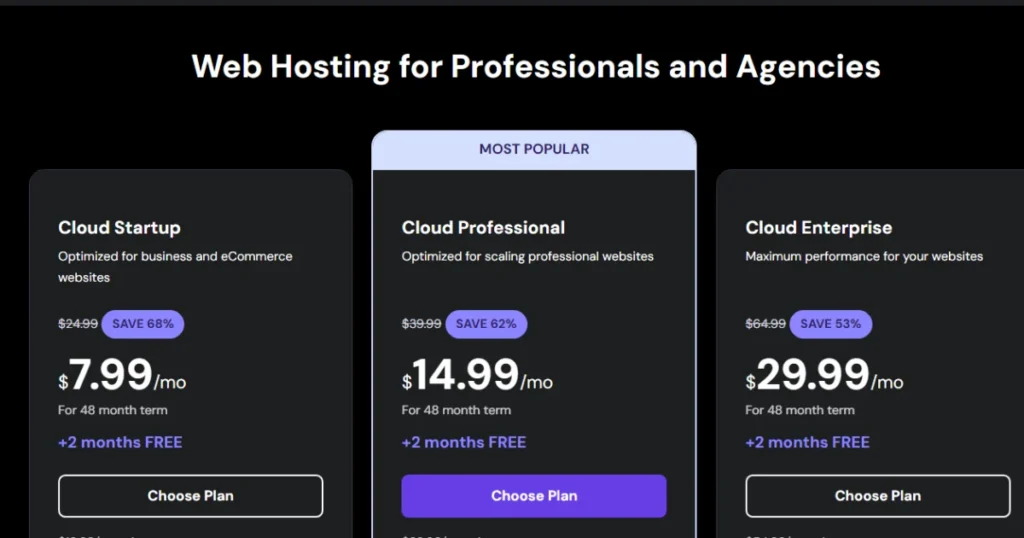 Screenshot showing three Hostinger Website Builder Pricing, designed for professionals and agencies.